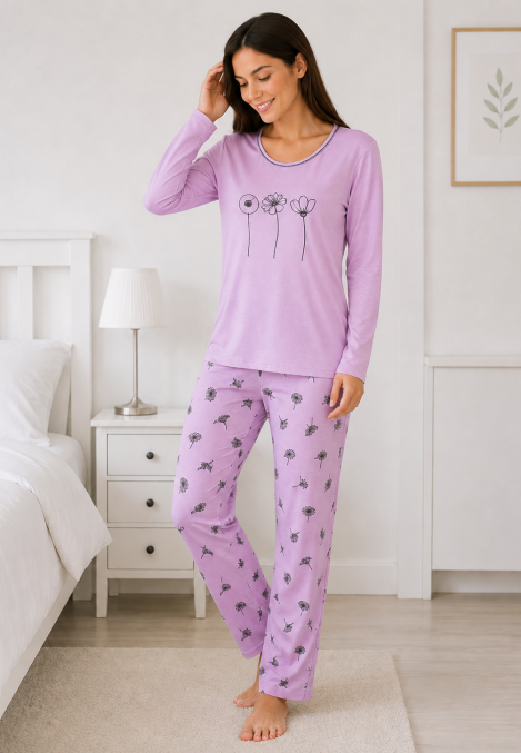 Pijama de damă cu bluză cu maneca lunga și pantaloni lung -Lila ,Engros